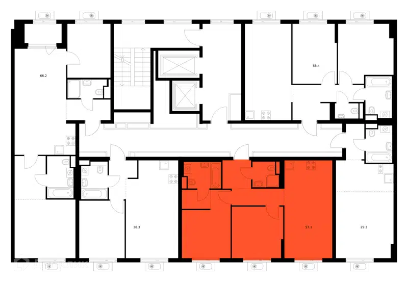 2-комнатная квартира 57.1 м² Белая Дача парк