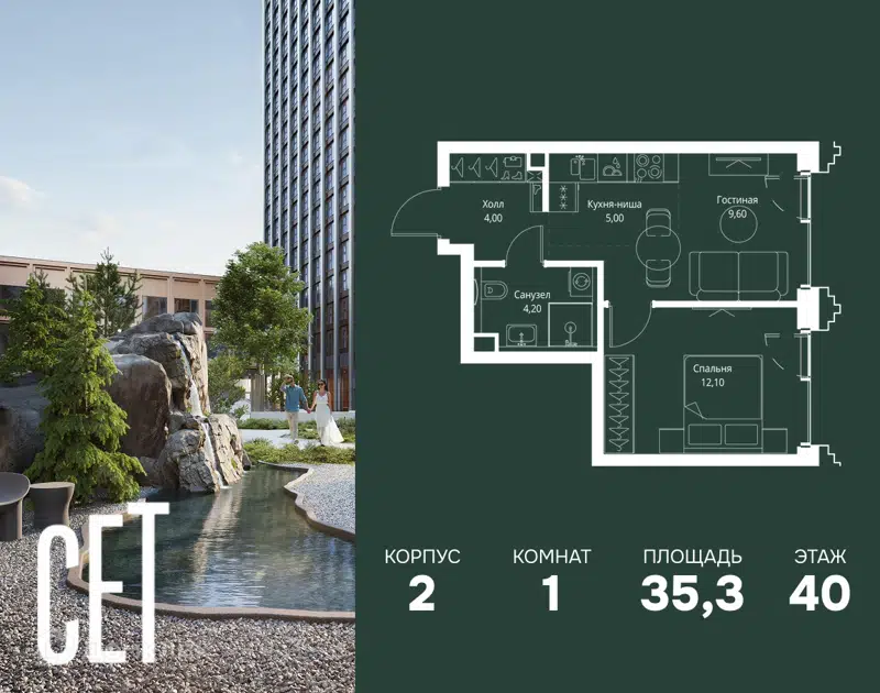 1-комнатная квартира 35.3 м² СЕТ
