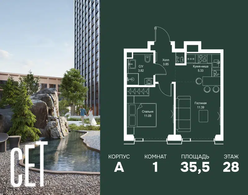 1-комнатная квартира 35.48 м² СЕТ