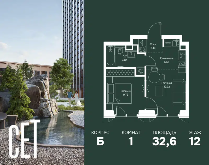 1-комнатная квартира 32.6 м² СЕТ