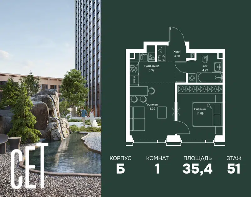 1-комнатная квартира 35.4 м² СЕТ