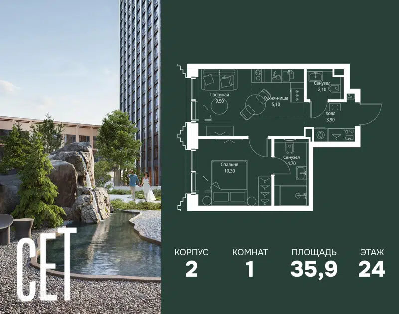 1-комнатная квартира 35.9 м² СЕТ