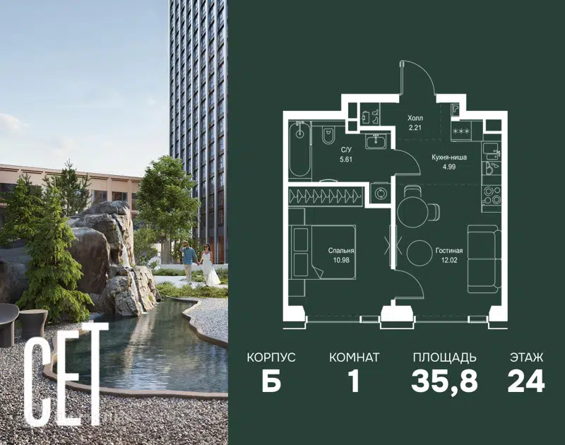 1-комнатная квартира 35.81 м² СЕТ