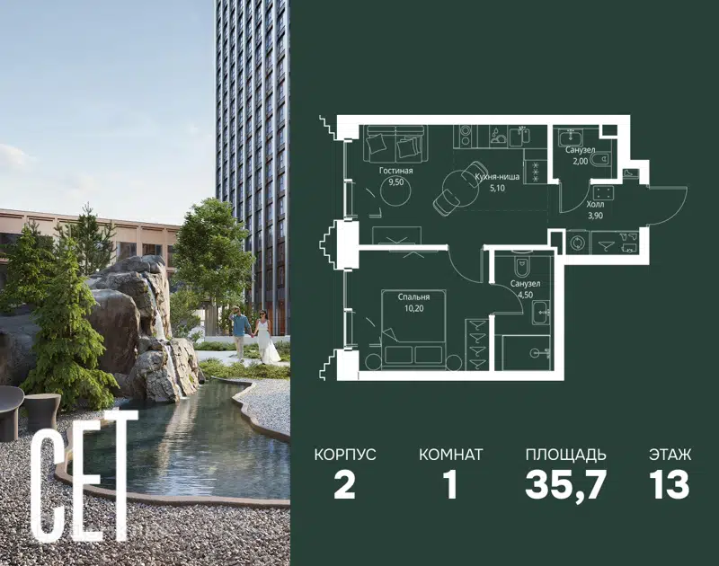 1-комнатная квартира 35.7 м² СЕТ
