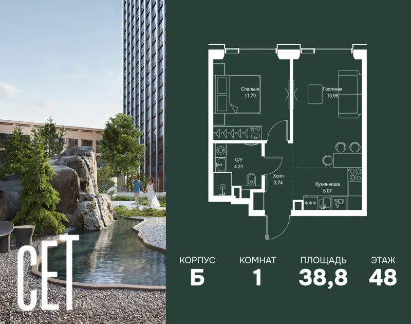 1-комнатная квартира 38.77 м² СЕТ