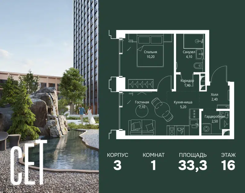 1-комнатная квартира 33.3 м² СЕТ