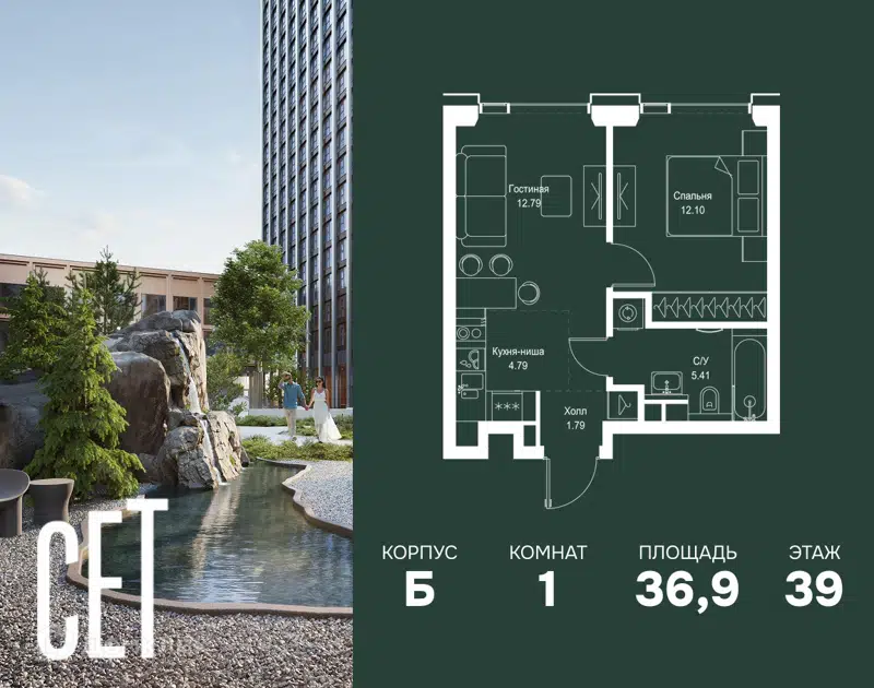 1-комнатная квартира 36.88 м² СЕТ