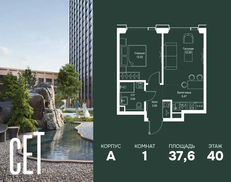 1-комнатная квартира 37.58 м² СЕТ