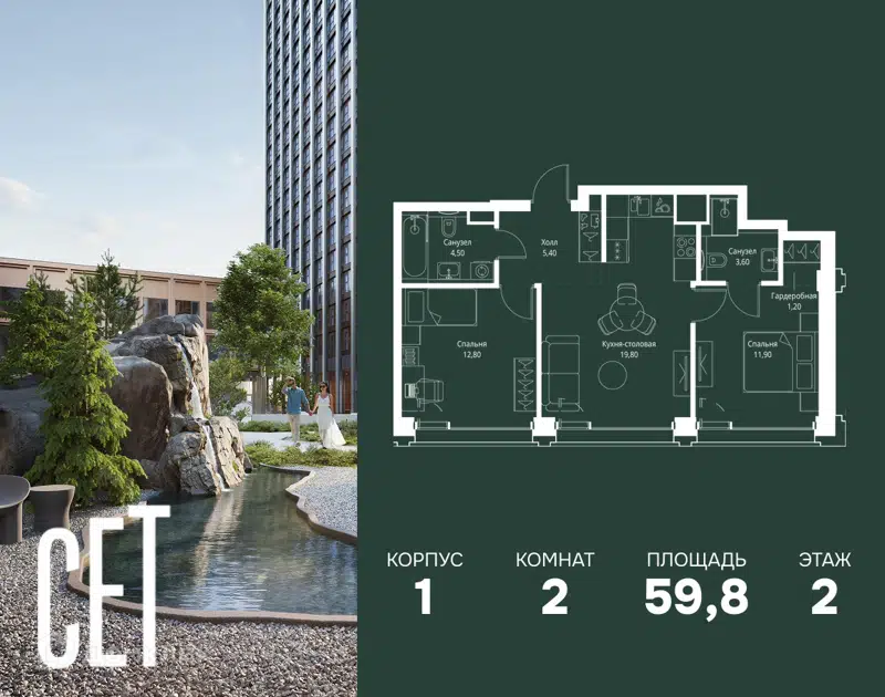 2-комнатная квартира 59.8 м² СЕТ