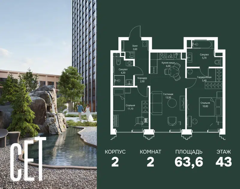 2-комнатная квартира 63.6 м² СЕТ