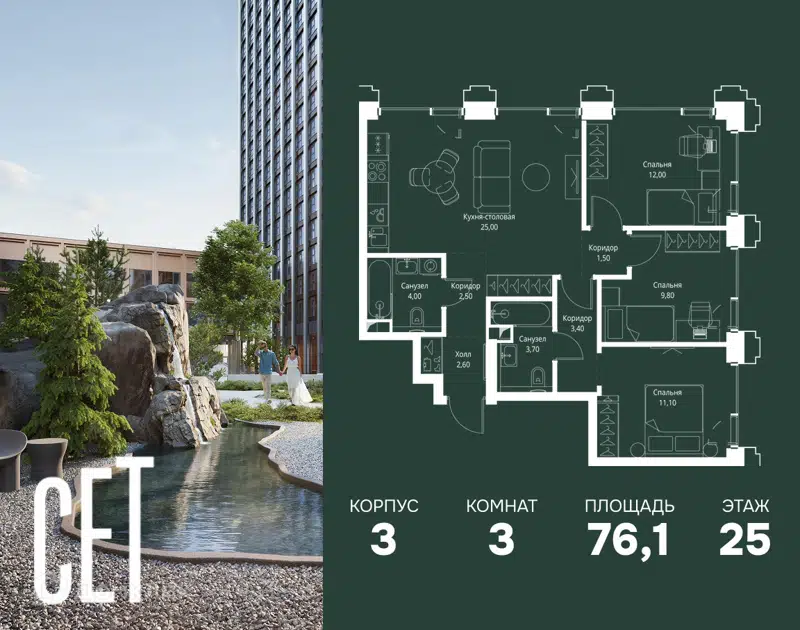 3-комнатная квартира 76.1 м² СЕТ