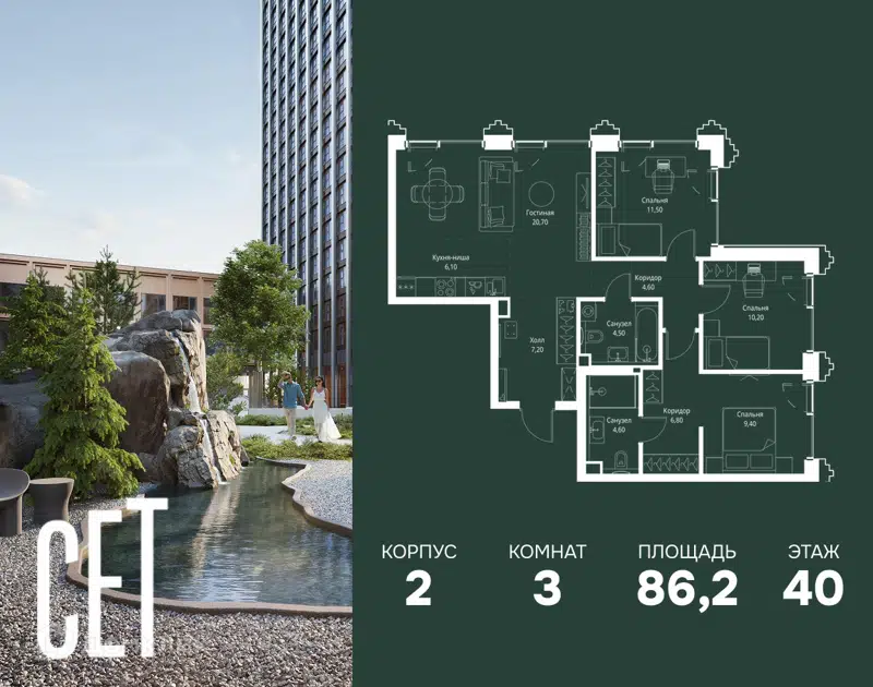 3-комнатная квартира 86.2 м² СЕТ