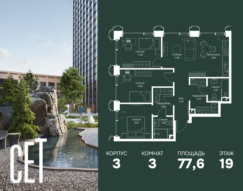 3-комнатная квартира 77.6 м² СЕТ