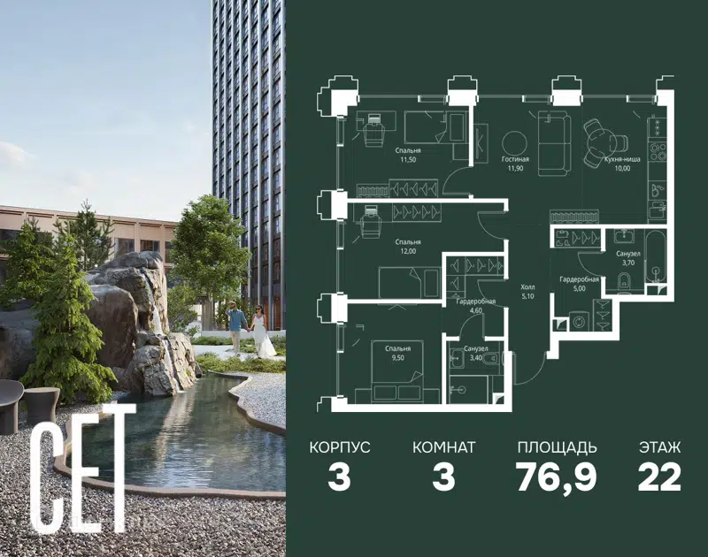 3-комнатная квартира 76.9 м² СЕТ
