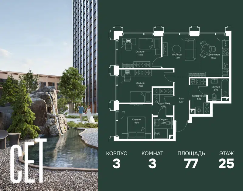 3-комнатная квартира 77 м² СЕТ