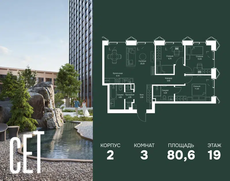 3-комнатная квартира 80.6 м² СЕТ