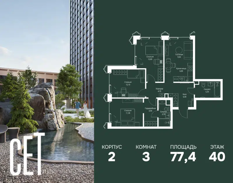 3-комнатная квартира 77.4 м² СЕТ