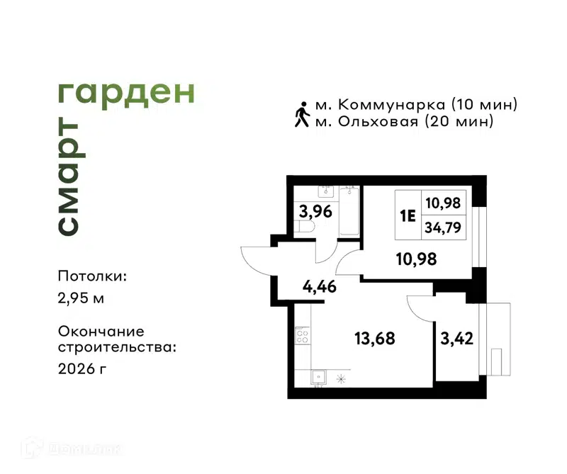 1-комнатная квартира 34.79 м² Смарт Гарден