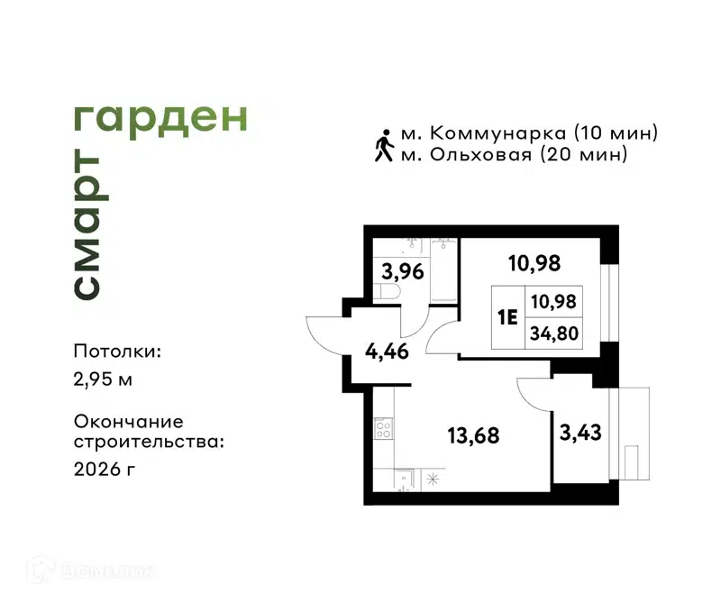 1-комнатная квартира 34.8 м² Смарт Гарден