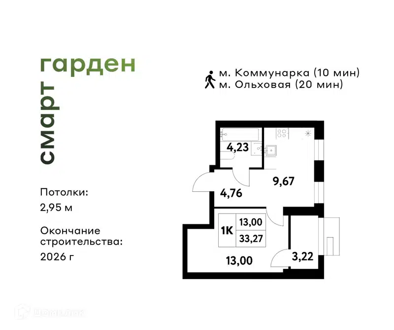 1-комнатная квартира 33.27 м² Смарт Гарден