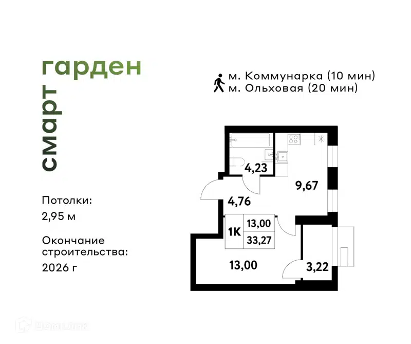 1-комнатная квартира 33.27 м² Смарт Гарден