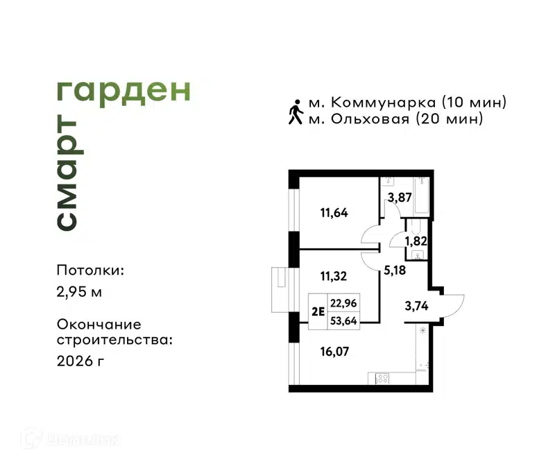 2-комнатная квартира 53.64 м² Смарт Гарден