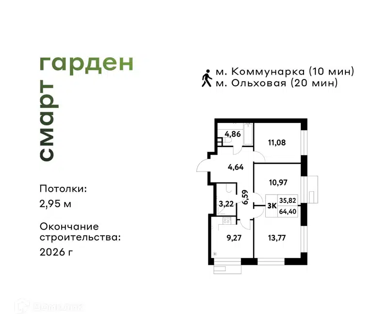 3-комнатная квартира 64.4 м² Смарт Гарден