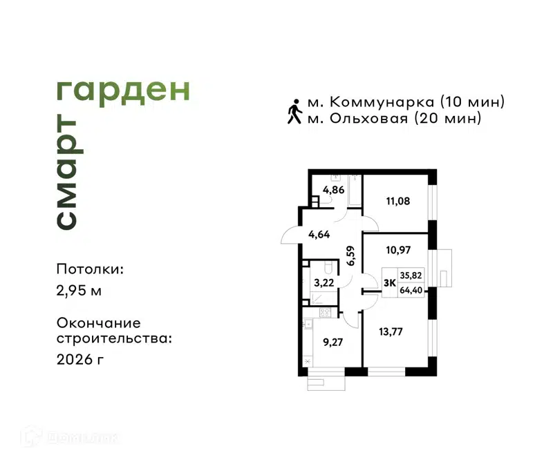 3-комнатная квартира 64.4 м² Смарт Гарден
