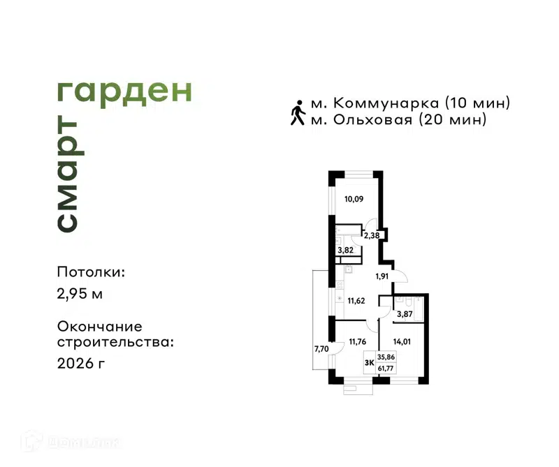 3-комнатная квартира 61.77 м² Смарт Гарден