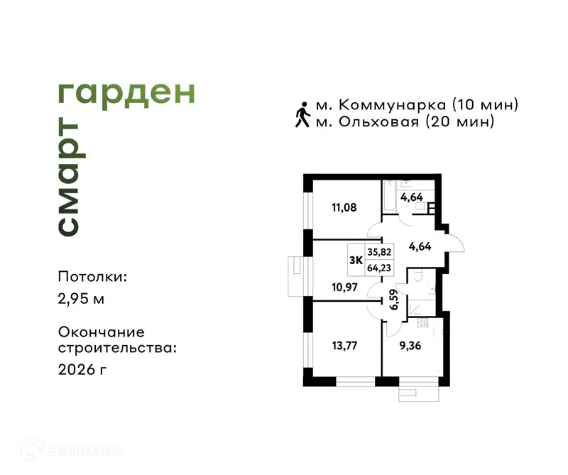 3-комнатная квартира 64.23 м² Смарт Гарден