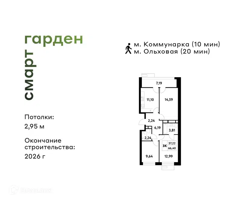 3-комнатная квартира 66.4 м² Смарт Гарден