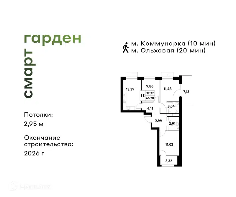 3-комнатная квартира 66.28 м² Смарт Гарден