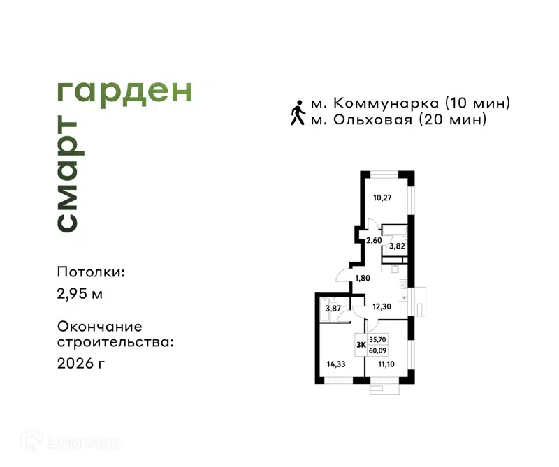 3-комнатная квартира 60.09 м² Смарт Гарден