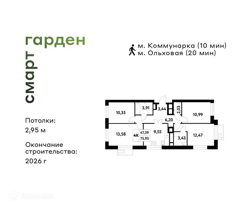 4-комнатная квартира 75.95 м² Смарт Гарден