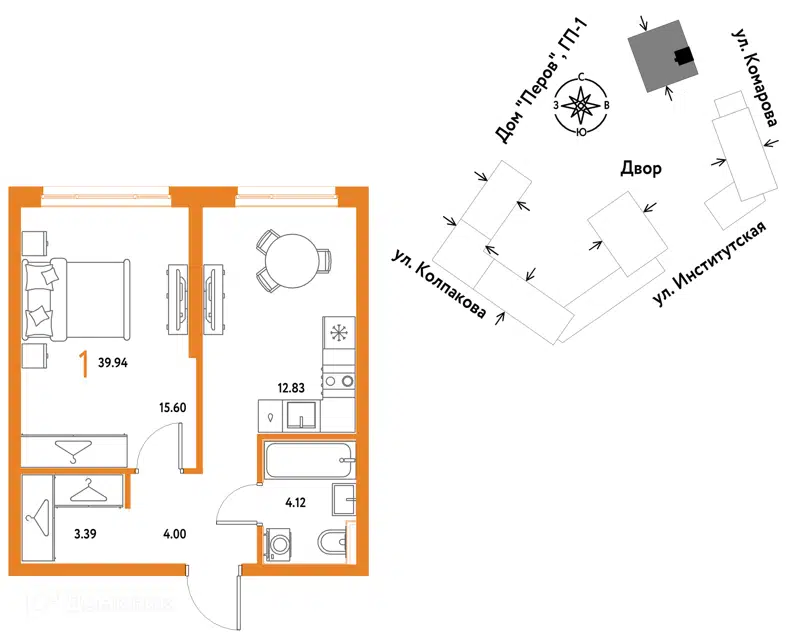 1-комнатная квартира 39.94 м² Страна.Парковая