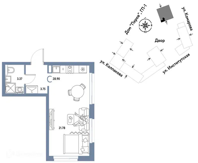 1-комнатная квартира 28.9 м² Страна.Парковая