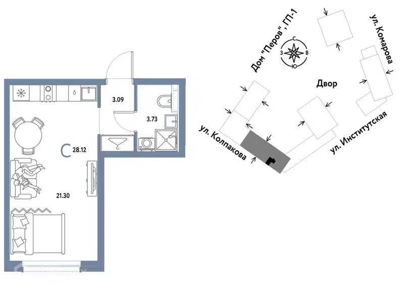 1-комнатная квартира 28.12 м² Страна.Парковая