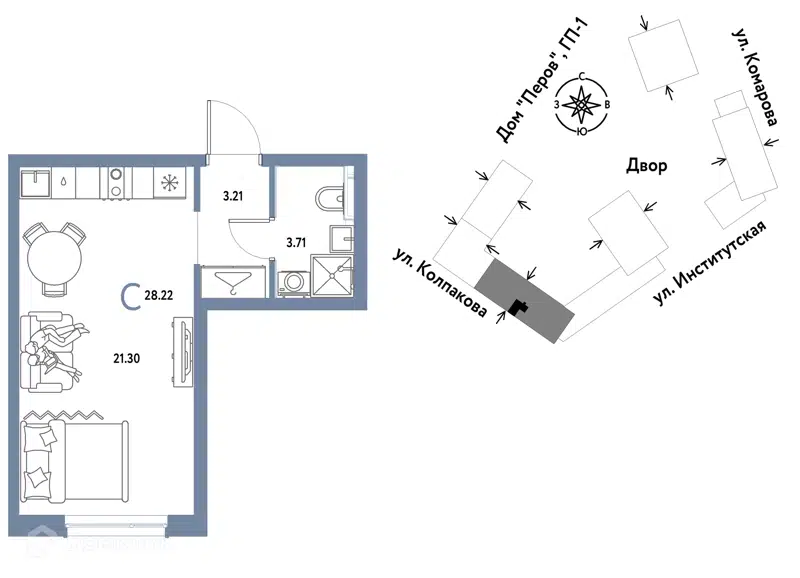 1-комнатная квартира 28.22 м² Страна.Парковая
