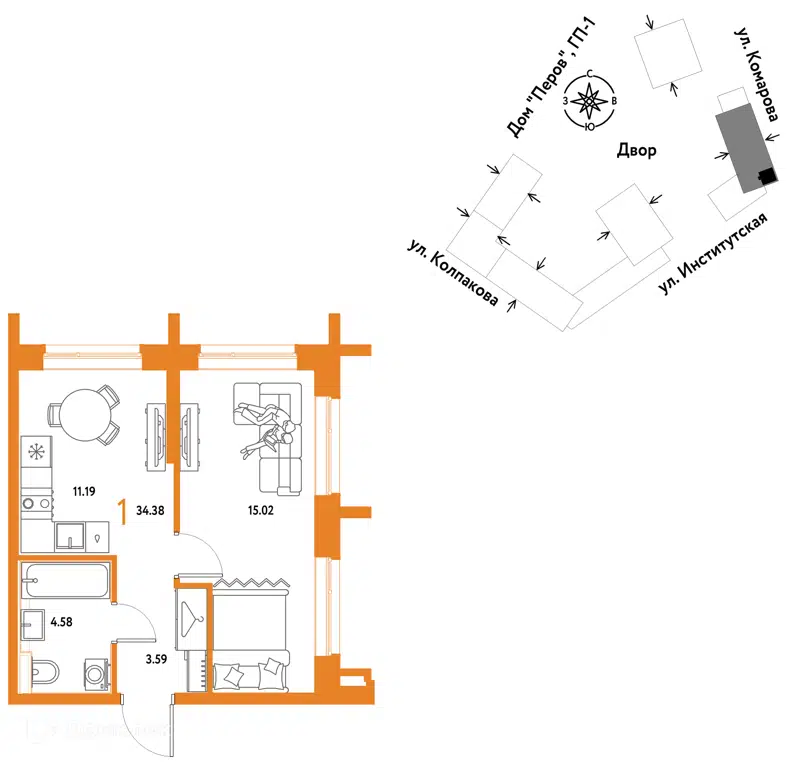 1-комнатная квартира 34.38 м² Страна.Парковая