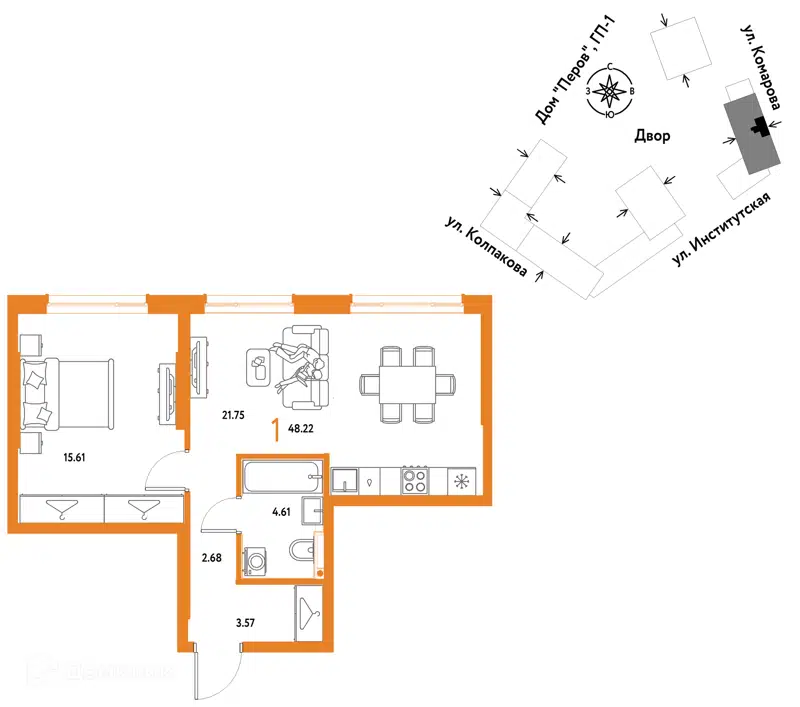 1-комнатная квартира 48.22 м² Страна.Парковая
