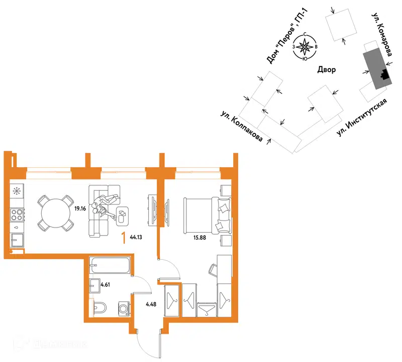 1-комнатная квартира 44.13 м² Страна.Парковая