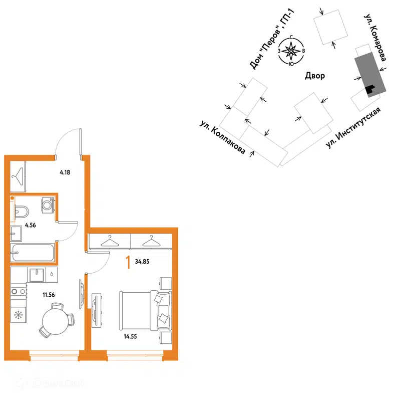 1-комнатная квартира 34.85 м² Страна.Парковая