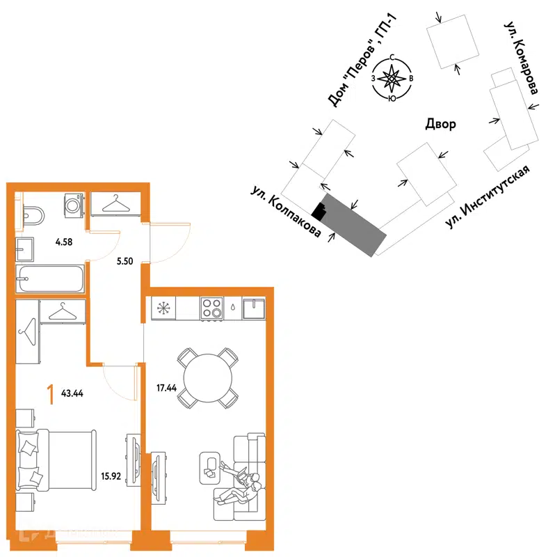 1-комнатная квартира 43.44 м² Страна.Парковая