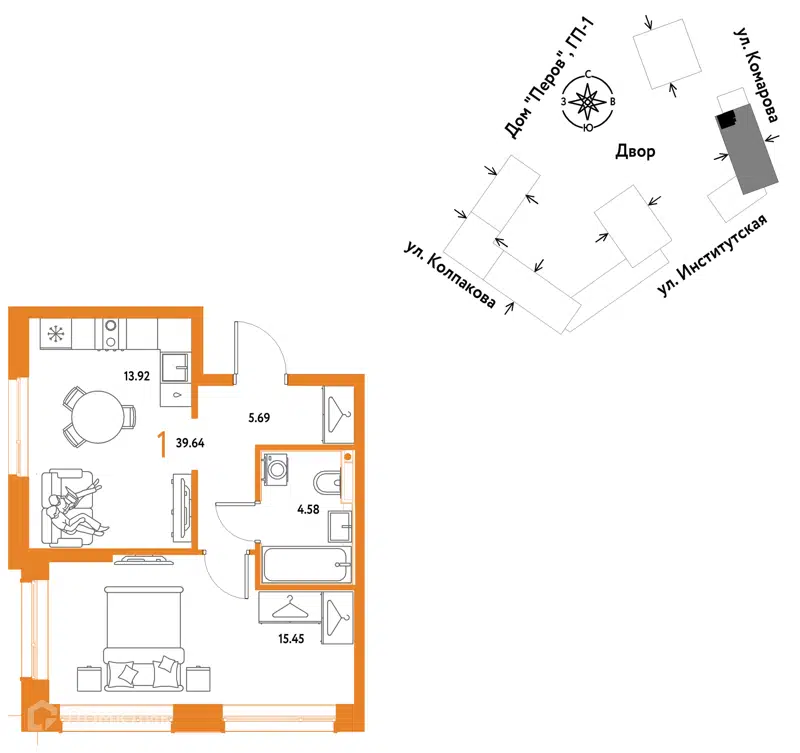 1-комнатная квартира 39.64 м² Страна.Парковая