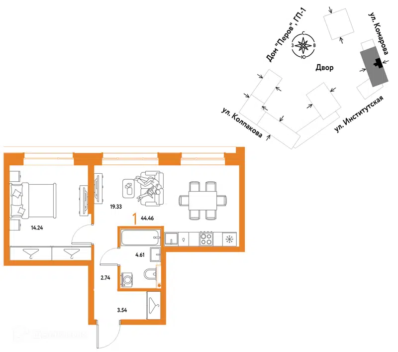 1-комнатная квартира 44.46 м² Страна.Парковая