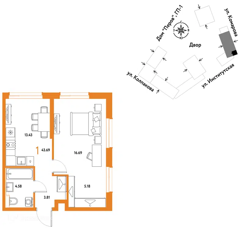 1-комнатная квартира 43.69 м² Страна.Парковая