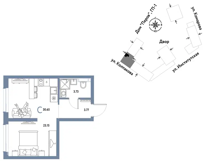 1-комнатная квартира 30.65 м² Страна.Парковая
