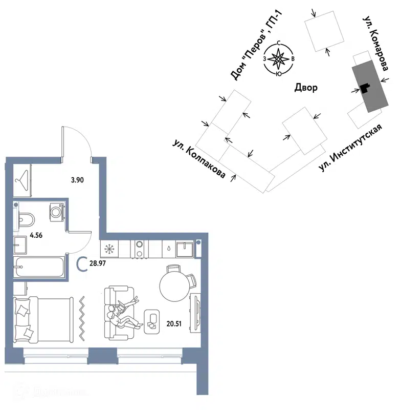 1-комнатная квартира 28.97 м² Страна.Парковая