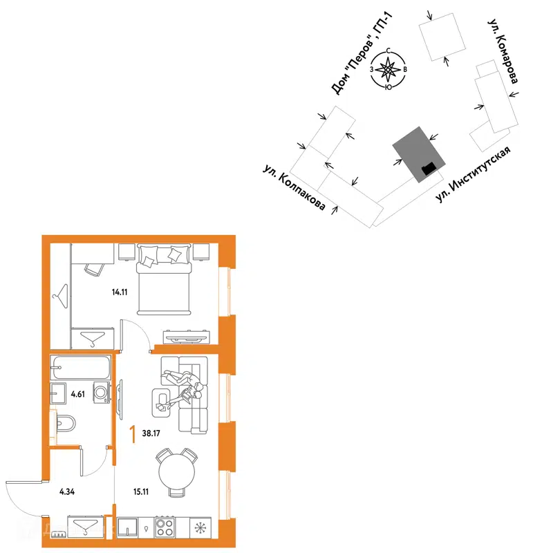 1-комнатная квартира 38.17 м² Страна.Парковая
