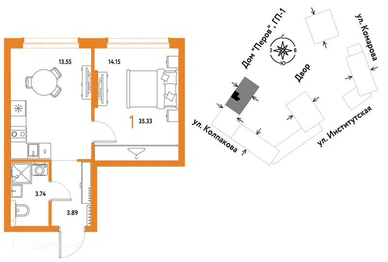 1-комнатная квартира 35.33 м² Страна.Парковая